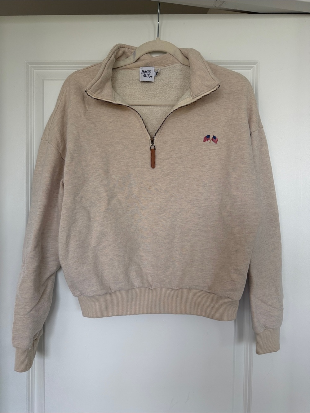 Princess Polly Beige Half-Zip Pullover Sweatshirt with American Flag Detail